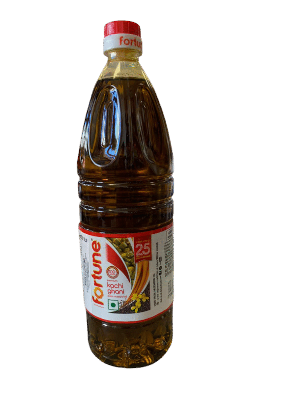 Fortune Kachi Ghani Pure Mustard Oil 1 Litre bottle.