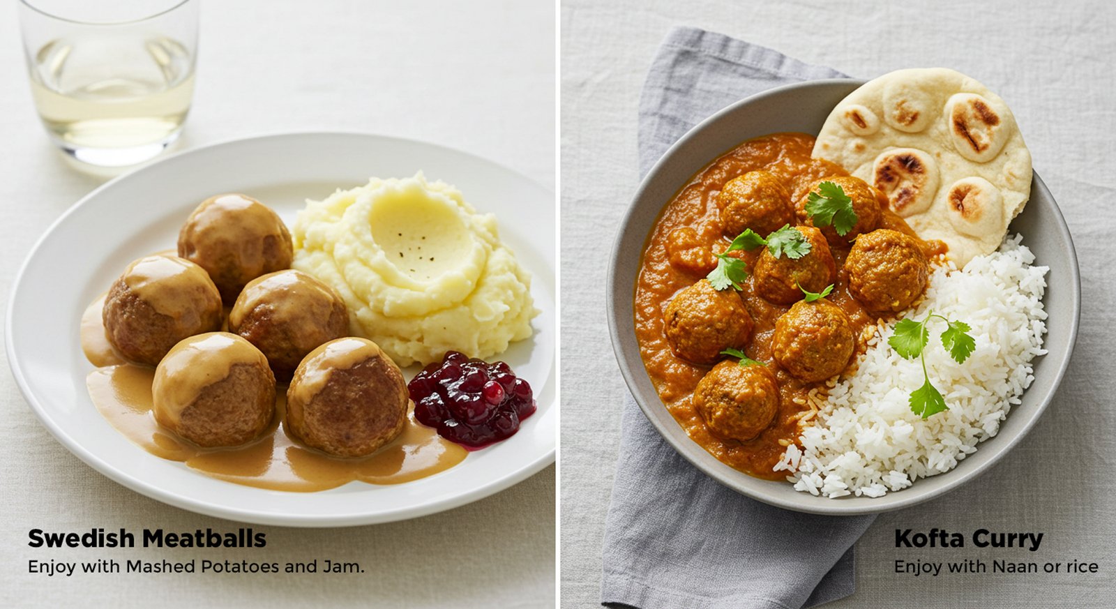 Sweish meatballs and Kofta curry served in plates